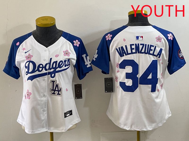 Youth Los Angeles Dodgers 34 Valenzuela White Blue Sakura Edition 2025 Nike MLB Jersey style 39
